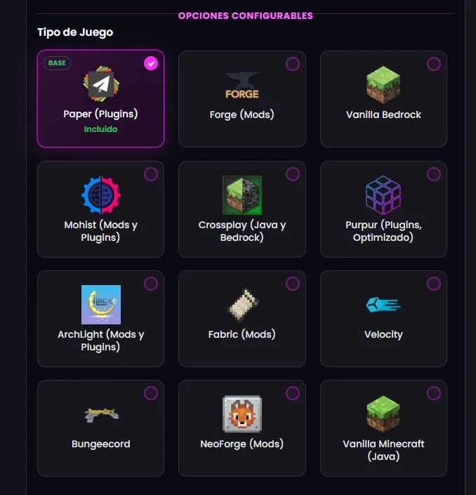 Game type selector when ordering at TaroHosting: Paper, Forge, Fabric, NeoForge, Purpur, Velocity, Bedrock and more