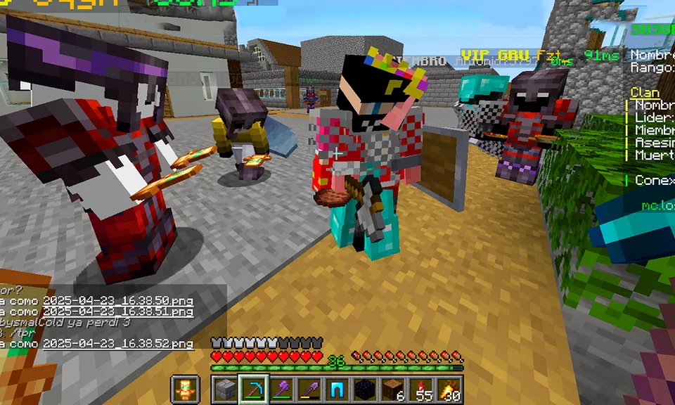 Jugadores en el spawn de Los Taroleros Network con el marcador de clanes a la derecha