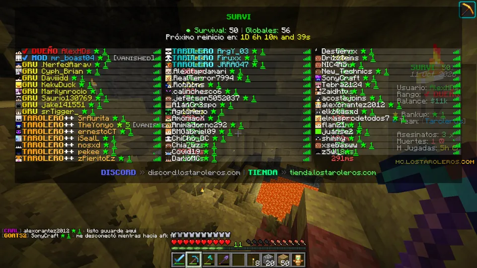 Lista de jugadores del Survival de Los Taroleros Network con 50 personas conectadas, servidor alojado en TaroHosting