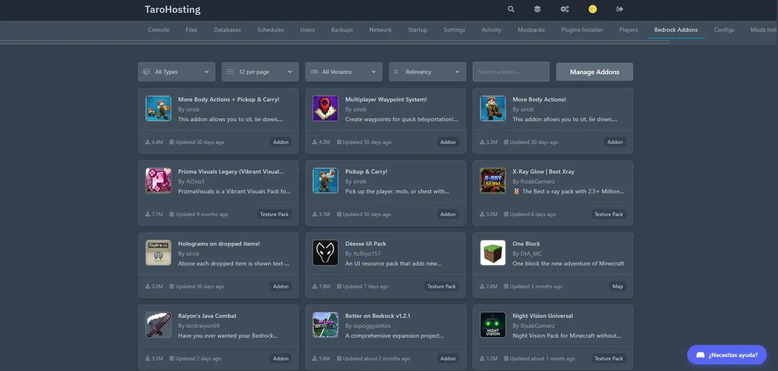 Control Panel — Bedrock Addons
