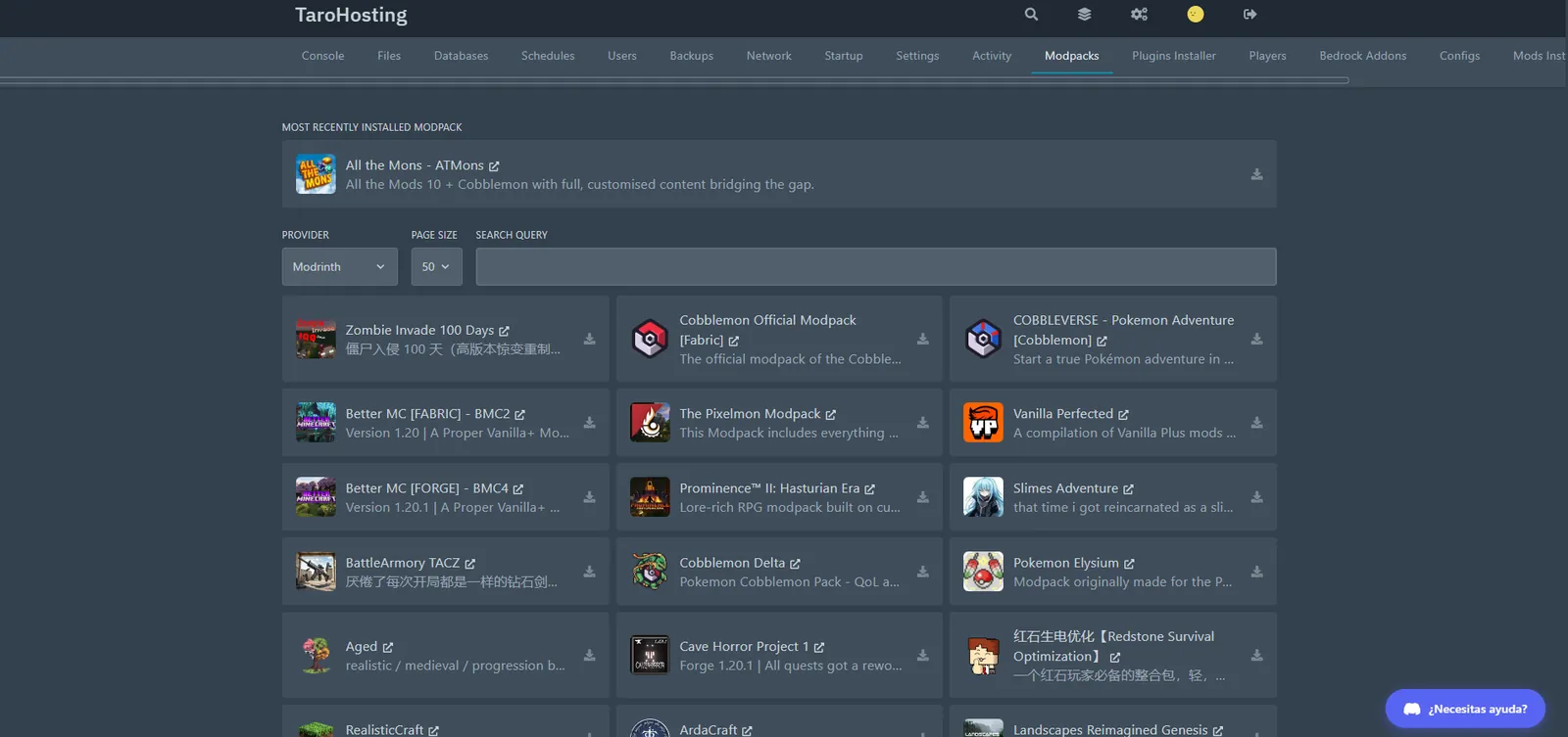 Control Panel — Modpacks