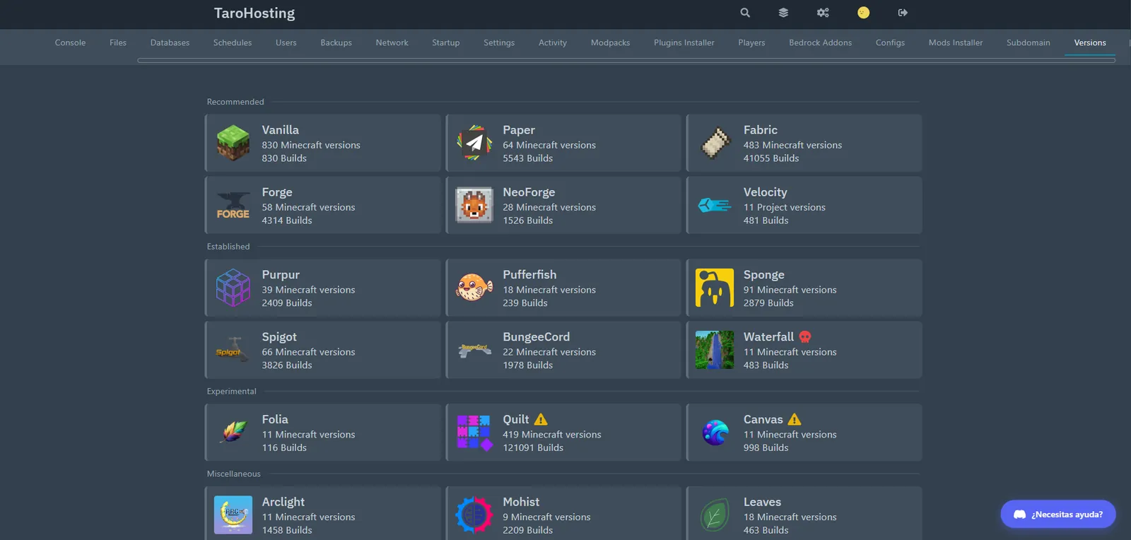 Control Panel — Versions